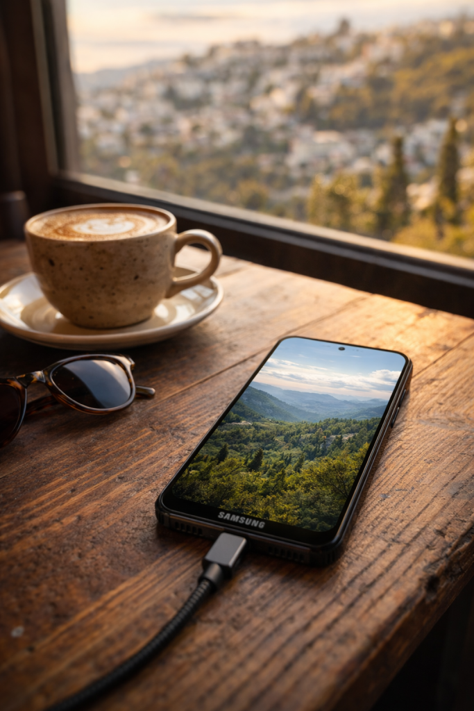 הסמארטפון על שולחן עץ עתיק, בחלון נוף לגליל