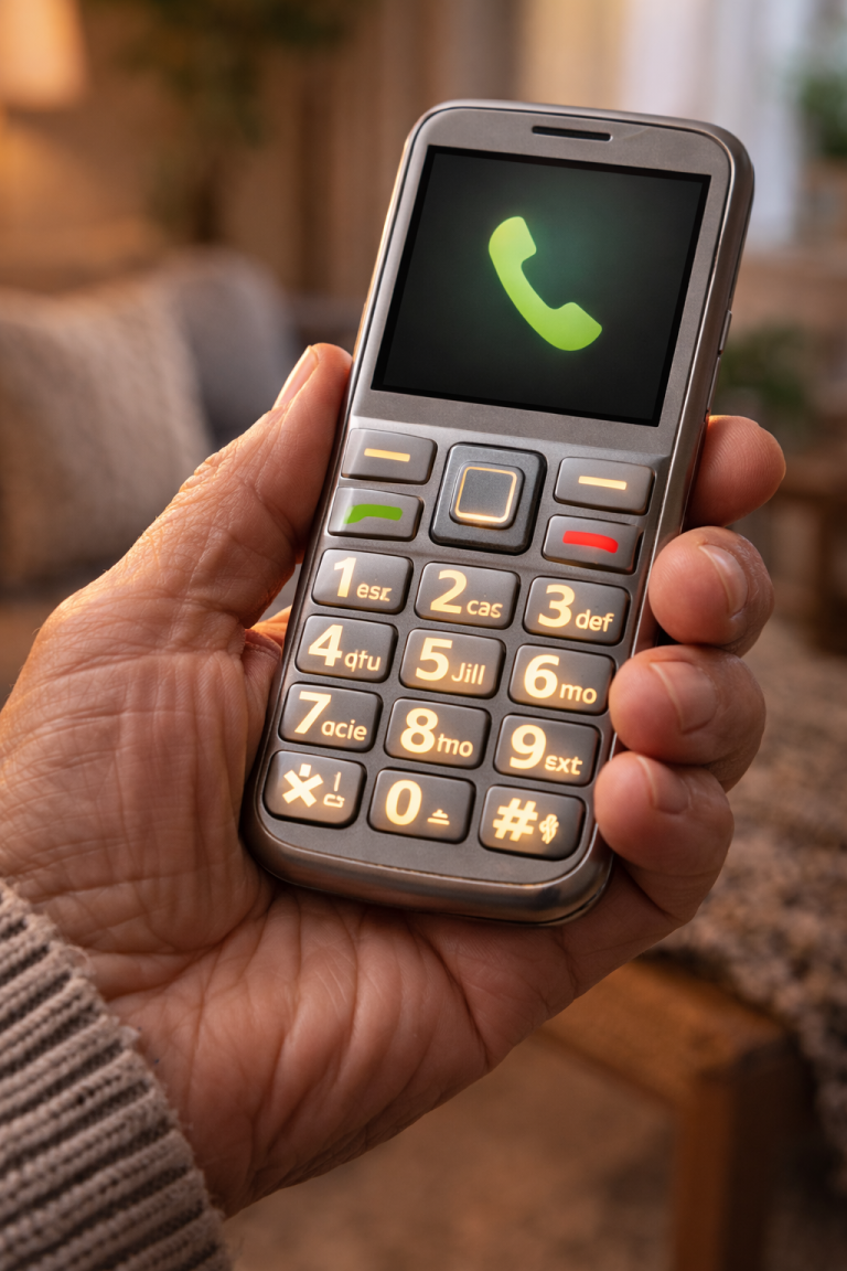 יד זקנה מחזיקה טלפון מיוחד לזקנים