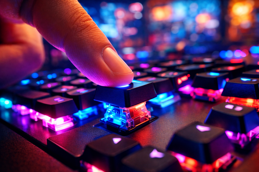 אצבע על מקש מכני מואר של מקלדת גיימינג רובוטית