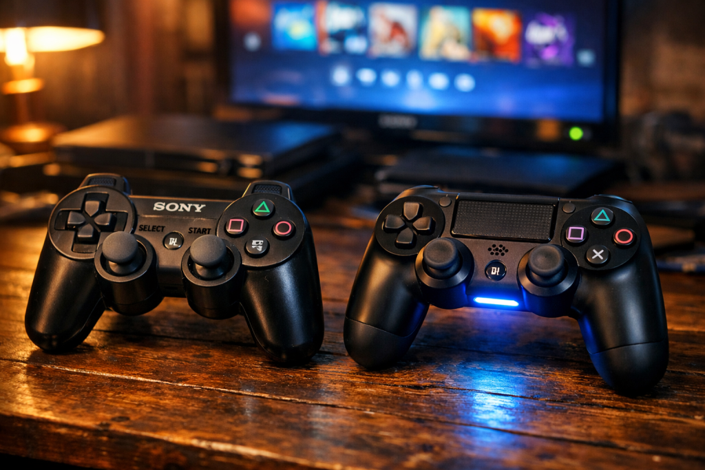 פייסטיישן 3 ו-4: בקרים לצד שולחן עץ
